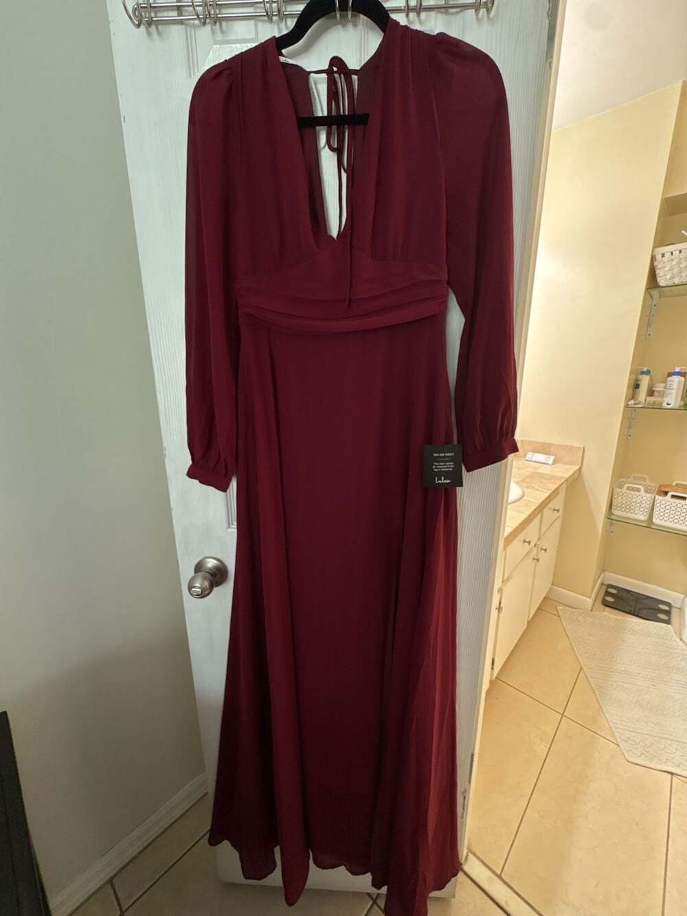 Lulus Long Sleeve Maxi Dress Size S Burgundy V-Neck Pleated Tie Back